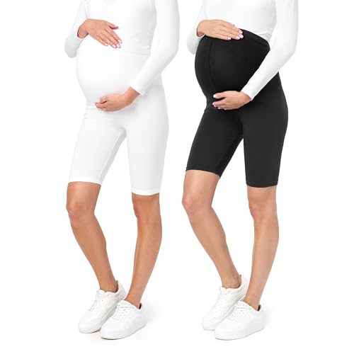 Be Mammy Damen Kurze Umstandsleggings 2er Pack Bequeme und Schwangerschaftsleggings aus Baumwolle Umstandshose Umstandsmode für Sommer BE20-228 (2Pack Schwarz/Weiß, XXL) von Be Mammy