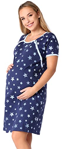 Be Mammy Damen Nachtkleid Umstandsmode Schwangerschaft Nachthemd Mutterschaft Stillnachthemd mit Knopfleisten BE20-286 (Dunkelblau BlauSterne, M) von Be Mammy