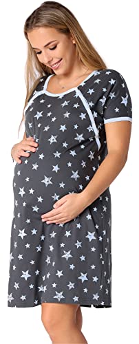 Be Mammy Damen Nachtkleid Umstandsmode Schwangerschaft Nachthemd Mutterschaft Stillnachthemd mit Knopfleisten BE20-286 (Graphit BlauSterne, XXL) von Be Mammy