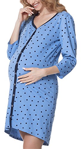 Be Mammy Damen Umstands Nachthemd 3/4 Arm mit Stillfunktion BE20-276 (BlauPunkte (Dunkelblau), XL) von Be Mammy