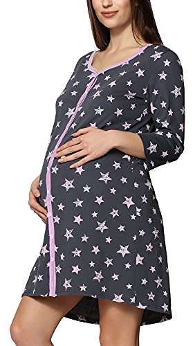 Be Mammy Damen Umstands Nachthemd 3/4 Arm mit Stillfunktion BE20-276 (Graphit Sterne Rosa, XL) von Be Mammy