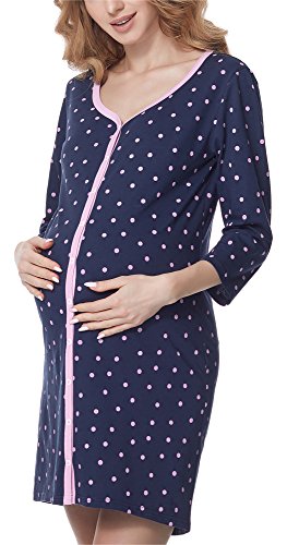 Be Mammy Damen Umstands Nachthemd 3/4 Arm mit Stillfunktion BE20-276 (MarinePunkte (Rosa), XXL) von Be Mammy