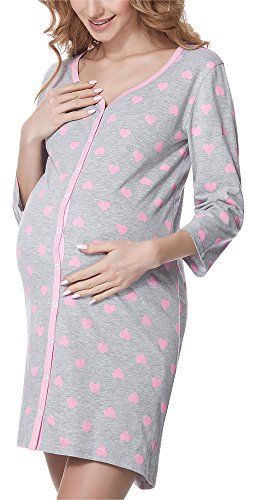 Be Mammy Damen Umstands Nachthemd 3/4 Arm mit Stillfunktion BE20-276 (MelangeHerzen (Rosa), XXL) von Be Mammy