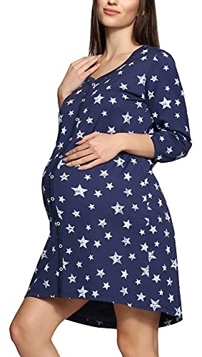 Be Mammy Damen Umstands Nachthemd 3/4 Arm mit Stillfunktion BE20-276 (Navy Sterne Blau, XXL) von Be Mammy