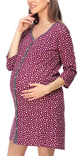 Be Mammy Damen Umstands Nachthemd 3/4 Arm mit Stillfunktion BE20-276 (WeißSterne (Weinrot), XXL) von Be Mammy