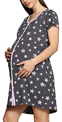 Be Mammy Damen Umstands Nachthemd Kurz Arm mit Stillfunktion BE20-275 (Graphit Sterne Rosa, XL) von Be Mammy