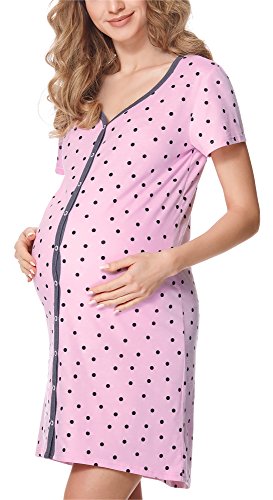 Be Mammy Damen Umstands Nachthemd Kurz Arm mit Stillfunktion BE20-275 (RosaPunkte (Graphite), XXL) von Be Mammy