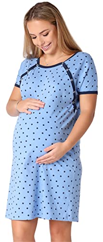 Be Mammy Damen Umstandsnachthemd Schwangerschaft Stillnachthemd mit Knopfleisten BE20-287 (Blau DunkelblauPunkte, S) von Be Mammy