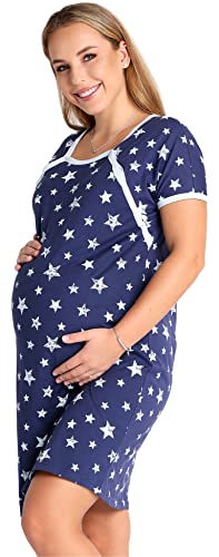 Be Mammy Damen Umstandsnachthemd Schwangerschaft Stillnachthemd mit Knopfleisten BE20-287 (Dunkelblau BlauSterne, S) von Be Mammy