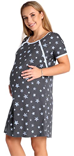 Be Mammy Damen Umstandsnachthemd Schwangerschaft Stillnachthemd mit Knopfleisten BE20-287 (Graphit BlauSterne, M) von Be Mammy