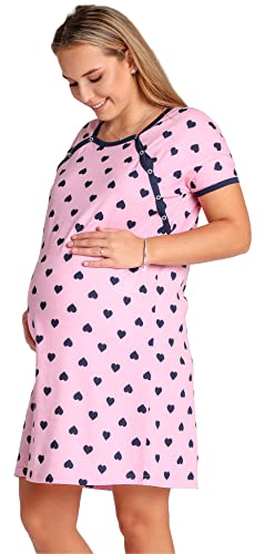 Be Mammy Damen Umstandsnachthemd Schwangerschaft Stillnachthemd mit Knopfleisten BE20-287 (Rosa DunkelblauHerzen, XXL) von Be Mammy