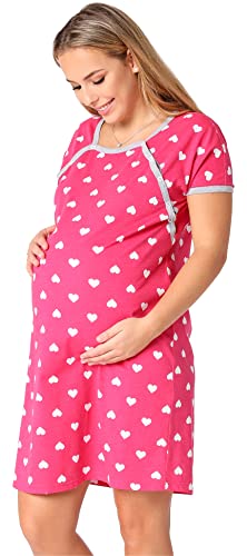 Be Mammy Damen Umstandsnachthemd Schwangerschaft Stillnachthemd mit Knopfleisten BE20-287 (Rosa WeißHerzen, S) von Be Mammy