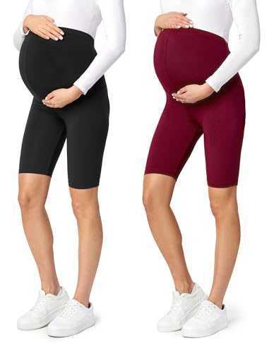 Be Mammy Kurze Umstandsleggings aus Viskose Bequeme und blickdichte Schwangerschaftsleggings Umstandsshorts Umstandsmode Sommer BE-04 (Schwarz/Dunkelrot(2Pack), S) von Be Mammy