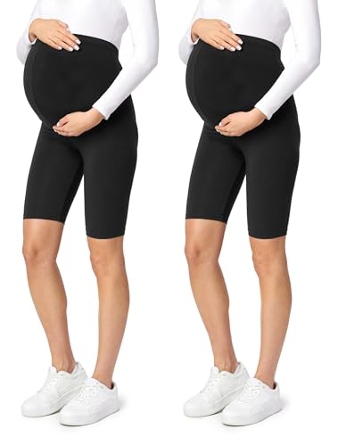 Be Mammy Kurze Umstandsleggings aus Viskose Bequeme und blickdichte Schwangerschaftsleggings Umstandsshorts Umstandsmode Sommer BE-04 (Schwarz/Schwarz(2Pack), S) von Be Mammy
