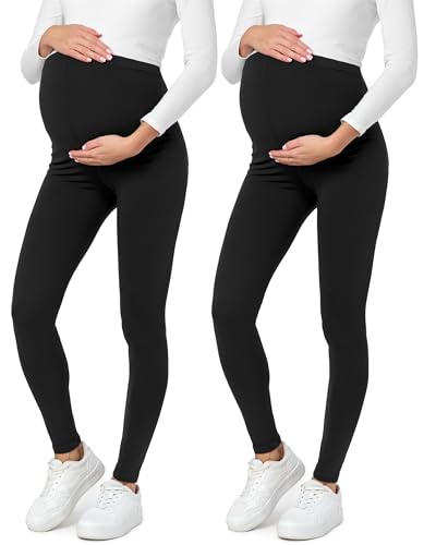 Be Mammy Lange Umstandsleggings 2er Pack aus Baumwolle Leggings für Schwangere Umstands Leggings Schwangerschafts Unterhosen mit Hoher Bund BE20-230 (Schwarz/Schwarz, XXL) von Be Mammy