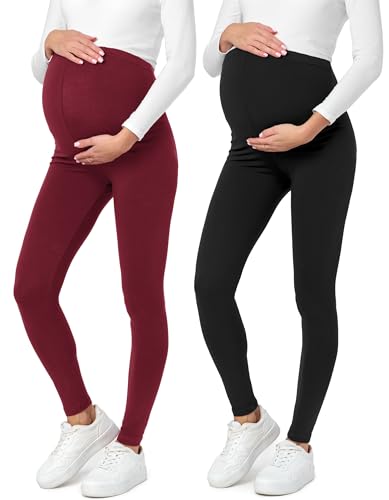 Be Mammy Lange Umstandsleggings 2er Pack aus Baumwolle Leggings für Schwangere Umstands Leggings Schwangerschafts Unterhosen mit Hoher Bund BE20-230 (Schwarz/Weinrot, XXL) von Be Mammy