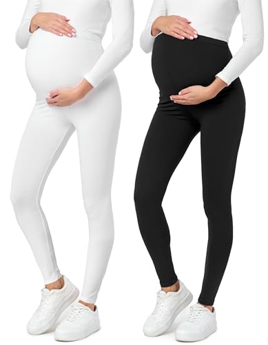 Be Mammy Lange Umstandsleggings 2er Pack aus Baumwolle Leggings für Schwangere Umstands Leggings Schwangerschafts Unterhosen mit Hoher Bund BE20-230 (Schwarz/Weiß, M) von Be Mammy