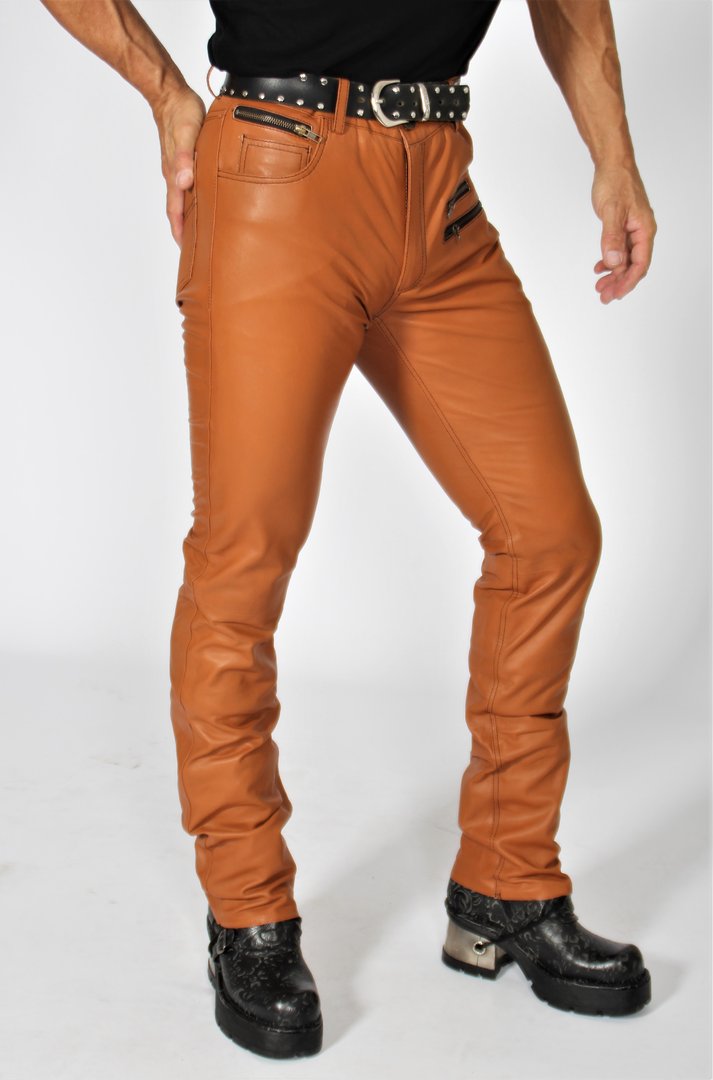 Lederhose Leder-Designer Jeans in ECHT-Leder in cognac von Be Noble