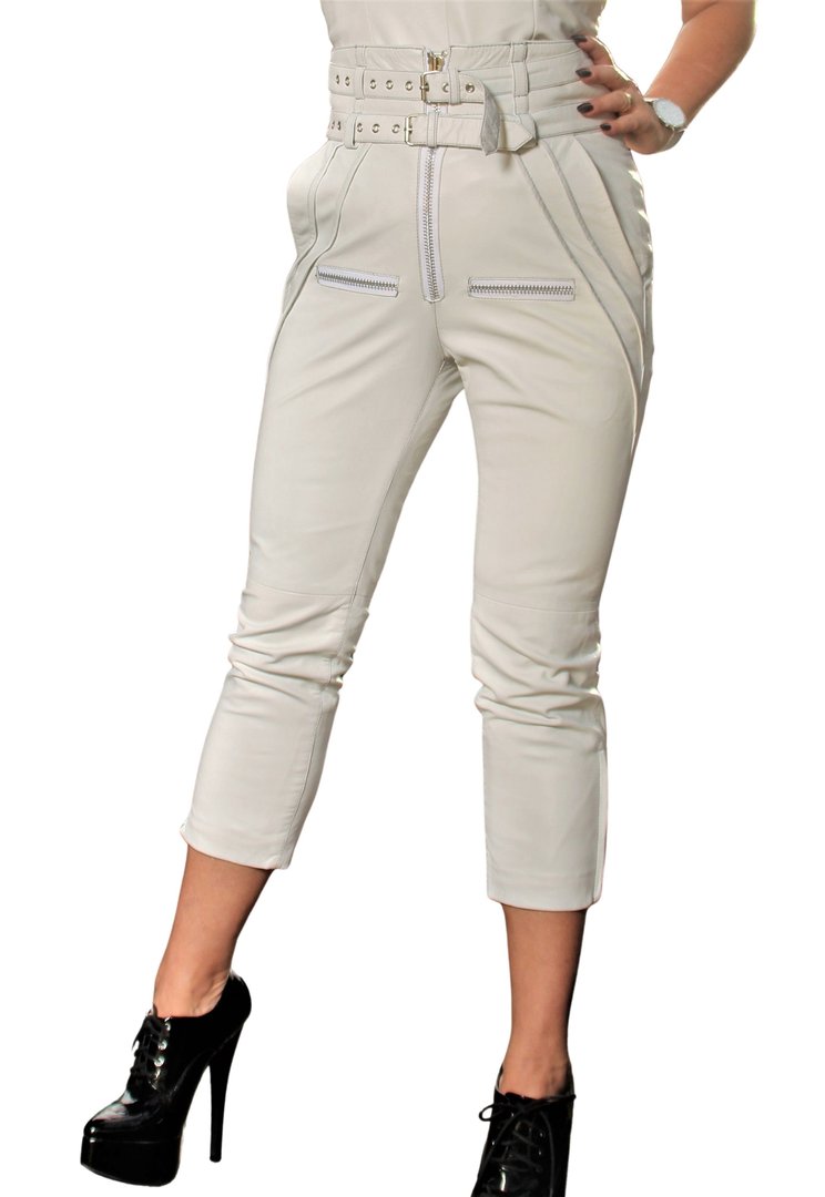 Lederhose als Designer Hose in ECHT-LEDER weiss mit hoher Taille von Be Noble