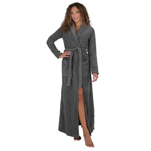 Be Relax Bademantel für Damen, volle Länge, Frottee-Baumwolle, mit Schalkragen und Kapuze, warmer und gemütlicher Bademantel mit Gürtel und Tasche, Graues Muster, X-Small von Be Relax