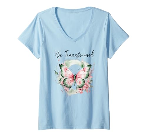 Damen Be Transformed Romans 12:2 Butterfly Christian Bible Verse T-Shirt mit V-Ausschnitt Damen Be Transformed Romans 12:2 Butterfly Christian Bible Verse T-Shirt mit V-Ausschnitt von Be Transformed Romans 12 2 Shirt,Christian Shirts