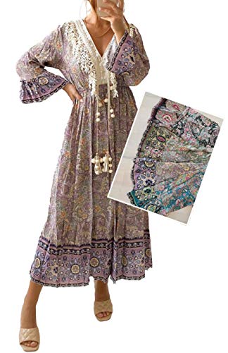 Boho Maxi Kleid Mille Fleur Reine Viscose Dekolltiert V-Ausschnitt verziert mit Perlen und Bommeln von Be lieve