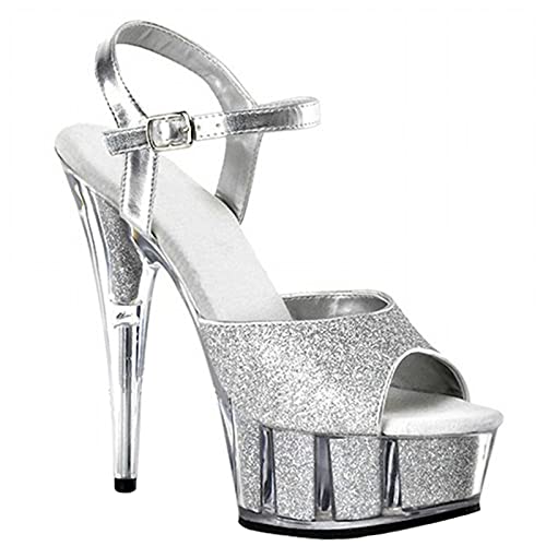 BeAUZQ 15CM Damenmode Pailletten Kristall Plateau High Heels Sandalen Pumps Sexy Stripper Club Party Kleid Schuhe Größe 34-46EU,Silber,41 EU von BeAUZQ