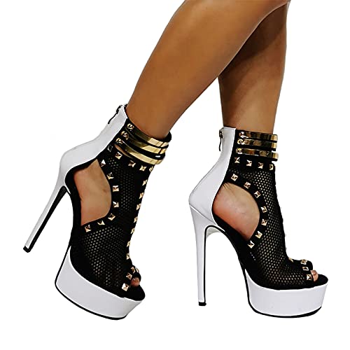 BeAUZQ 6IN Damen Römischer Stil Fischnetz High Heels Modische Punk Rivet Sandalen Prom Abend Party Anlass Pumps Sexy Stripper Club Pole Dance Schuhe,Schwarz,37 von BeAUZQ