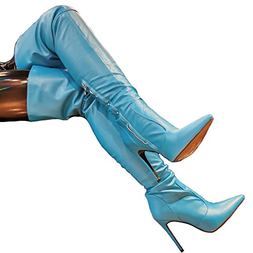 BeAUZQ Damenmode Blaue Oberschenkelhohe Stiefel Spitz Overknee Stiefel Fetisch High Heels Sexy Stripper Club Pole Dance Schuhe,Blau,46 von BeAUZQ