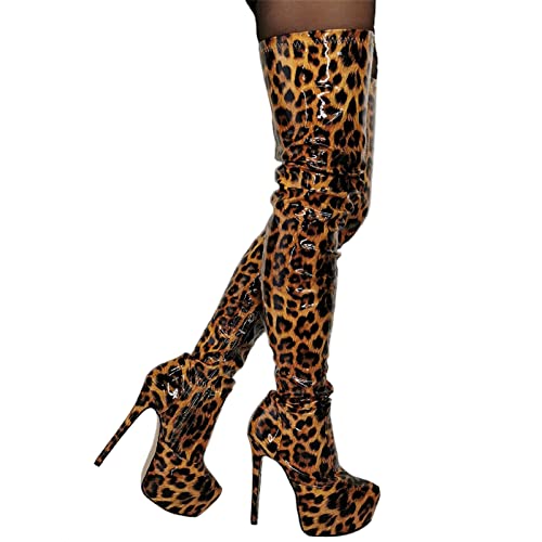 BeAUZQ Damenmode Leopard Overknee Stiefel Sexy Plateau Oberschenkelhohe Stiefel Fetisch High Heels Stripper Club Show Pumps Schuhe Größe 36-47,Leopard,46 von BeAUZQ