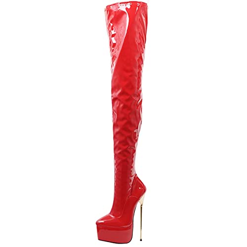 BeAUZQ Frauen 22cm Stilettos Oberschenkelhohe Plateaustiefel Gold Metallabsatz Sexy Fetisch High Heels Overknee Party Stiefel Größe 36-46,Rot,44 EU von BeAUZQ