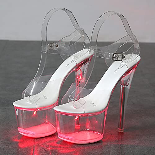 BeAUZQ Frauen Plateau Sandalen weibliche Stahlrohr Tanzen LED Licht Glanz Schuhe Frauen High Heels Nachtclub Sandalen Sommer Transparent High Heels Mode sexy Kristallschuhe,Rot,39 von BeAUZQ