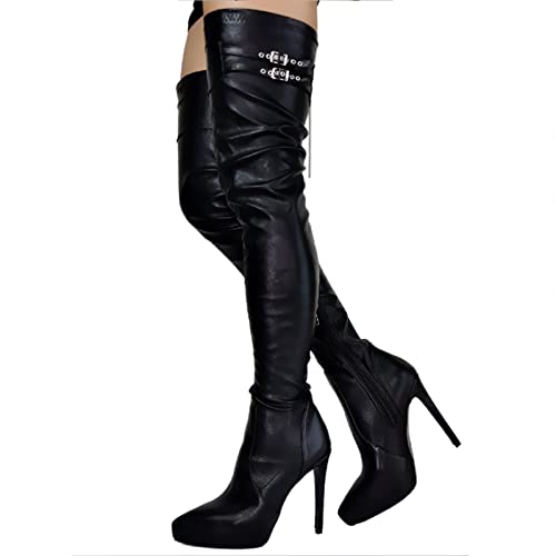 BeAUZQ Damen Sexy Spitzschuh Oberschenkel Hohe Stiefel Stilettos Elastische Overknee Stiefel Fetisch High Heels Sexy Stripper Club Pole Dance Schuhe,Schwarz,38 von BeAUZQ