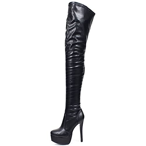 BeAUZQ Womens Sexy Pointy Toe Oberschenkel hohe Stiefel Schwarz Leder Reißverschluss Stilettos Overknee Stiefel Winter Verdicken Stiefel Schuhe Größe 34-45,Schwarz,45 von BeAUZQ