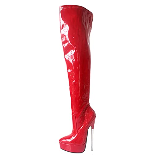 Damen Oberschenkel hohe Stiefel 7" Stiletto Fashion Stretchy Lackleder Plateau Overknee High Heel Stiefel Sexy Stripper Club Pole Dance Schuhe 6 Farbe,Rot,41 EU von BeAUZQ