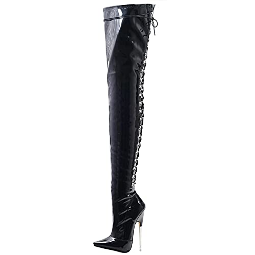 Damen Sexy Overknee Overknee Oberschenkelhohe Stiefel 18cm Metall Dünne High Heels Spitze Zehe Schnürung Oberschenkelhohe Stiefel Stripper Club Pole Dance Schuhe Übergröße 36-46,Schwarz,38 von BeAUZQ