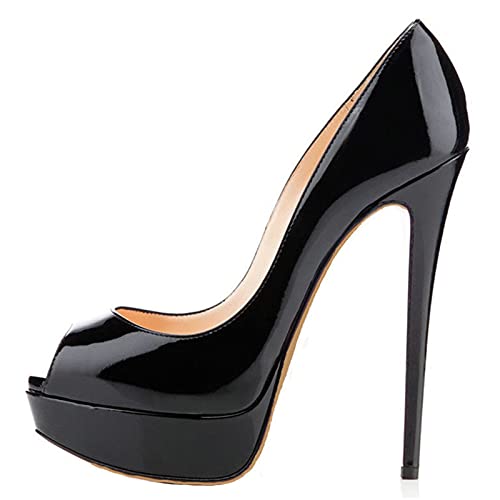 Damen Sexy Peep Toe High Heels Schwarz 15CM Stiletto Plateau Sandalen Hochzeit Braut Abschlussball Party Kleid Schuhe Größe 34-46,Schwarz,44 EU von BeAUZQ