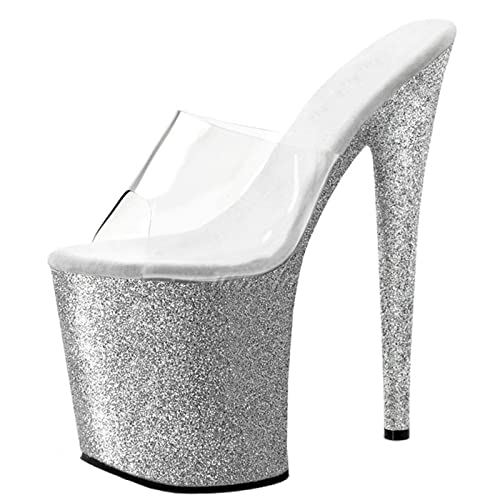 Damenmode Pailletten Sexy Peep Toe Sandalen High Heel 20CM Stiletto Pantoletten Pumps Sexy Stripper Club Pole Dancing Party Schuhe Größe 34-46,Silber,35 EU von BeAUZQ