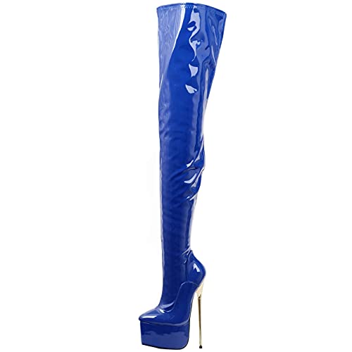 Frauen 22cm Stilettos Oberschenkelhohe Plateaustiefel Gold Metallabsatz Sexy Fetisch High Heels Overknee Party Stiefel Größe 36-46,Blau,44 EU von BeAUZQ