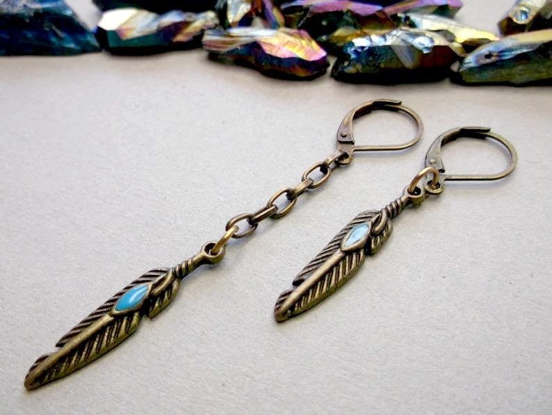 Messing Feder Ohrhänger Türkis Emaille Anhänger von BeAliter