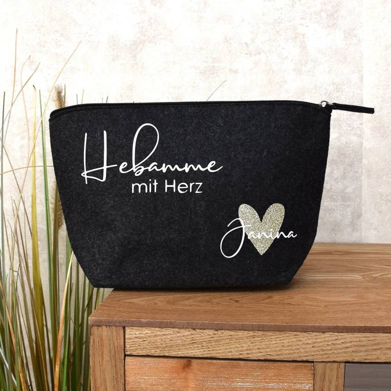 Abschiedsgeschenk - Hebamme Mit Herz Und Namen | Glitzer Kosmetiktasche Aus Filz Personalisiertes Geschenk Zum Abschied von BeBonnieShop