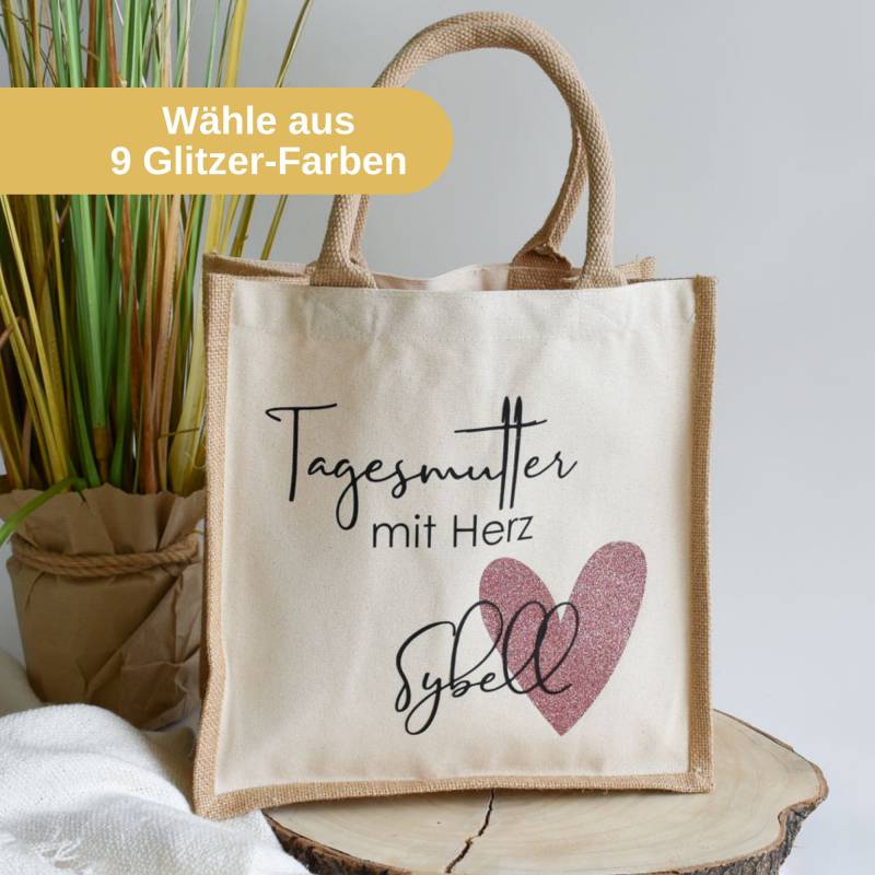 Juteshopper Personalisiert "Tagesmutter Mit Herz" Namen | Geschenk Zum Abschied Personalisierte Tasche Als Geschenkidee von BeBonnieShop