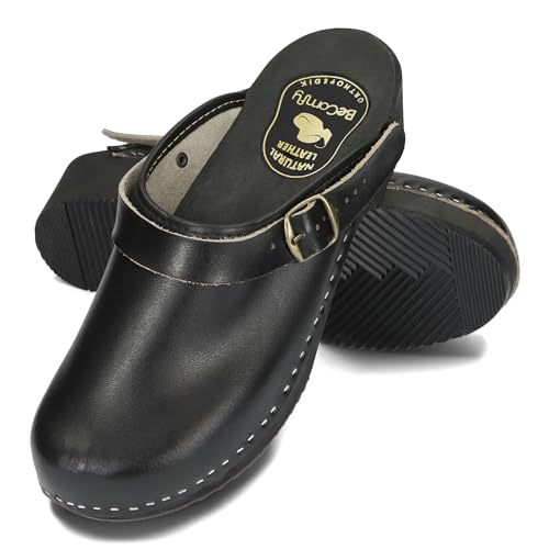 BeComfy Clogs Herren Holzschuhe mit Fersenriemen Pantoletten Leder Clogs Holz Sohle Holzclogs Schwarz (40, Schwarz) von BeComfy