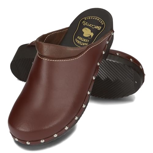 BeComfy Unisex Leder Clogs Damen Holzclogs Herren Echtleder Holzclogs Gartenclogs Holzsohle 35-46 EU (Braun Komfort, EU Schuhgrößensystem, Erwachsene, Numerisch, M, 45) von BeComfy