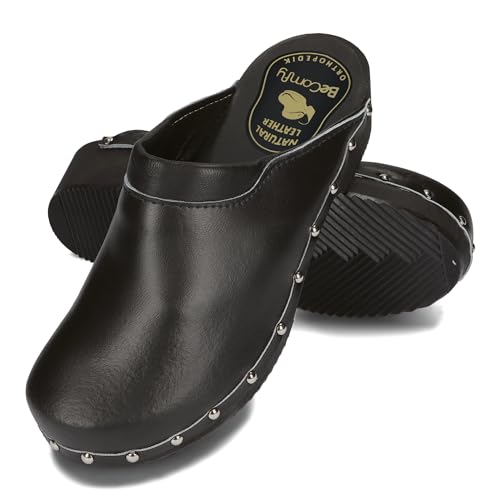 BeComfy Clogs Herren Holzschuhe mit Fersenriemen Pantoletten Leder Clogs Holz Sohle Holzclogs Schwarz (Schwarz Komfort, Numeric_40) von BeComfy