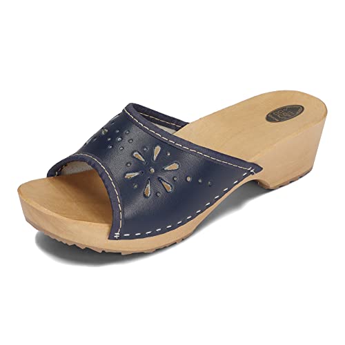 BeComfy Damen Clogs Holzschuhe Leder Holz Pantoletten mit Absatz Sommer Sandalen Bunte Farben 35-41 EU (Marineblau, eu_Footwear_Size_System, Adult, Numeric, medium, Numeric_36) von BeComfy