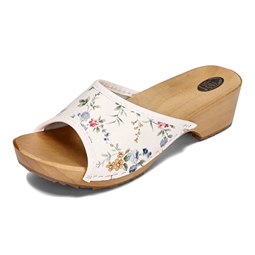 BeComfy Damen Clogs Holzschuhe Leder Holz Pantoletten mit Absatz Sommer Sandalen Bunte Farben 35-41 EU (Bunte Blumen, 40) von BeComfy