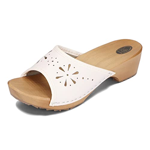 BeComfy Damen Clogs Holzschuhe Leder Holz Pantoletten mit Absatz Sommer Sandalen Bunte Farben 35-41 EU (Weiß, eu_Footwear_Size_System, Adult, Numeric, medium, Numeric_39) von BeComfy