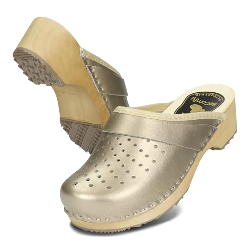 BeComfy Damen Clogs Holzschuhe mit Holzsohle Echtleder Holzclogs Metallic Gold Silber Rosa 35 36 37 38 39 40 41 EU (Champagner, EU Schuhgrößensystem, Erwachsene, Numerisch, Breit, 35) von BeComfy