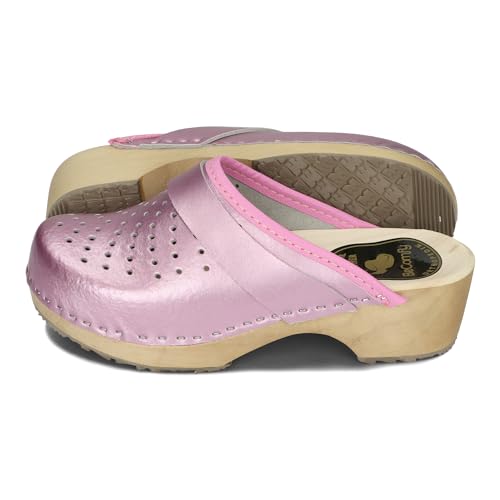 BeComfy Damen Clogs Holzschuhe mit Holzsohle Echtleder Holzclogs Metallic Gold Silber Rosa 35 36 37 38 39 40 41 EU (Fuchsia, EU Schuhgrößensystem, Erwachsene, Numerisch, Breit, 36) von BeComfy